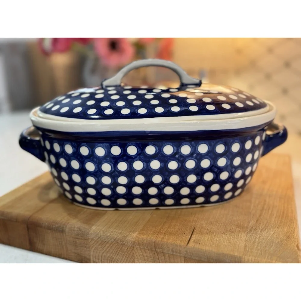 Handmade BOLESLAWIEC Polish Blue Pottery Oval Baker With Lid WIZA